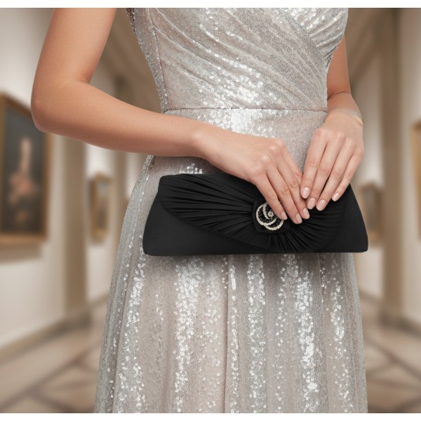 Evening Bag - Satin Pleated Flap w/ Rhinestone Rose Accent Charm - Black - BG-92026B 
